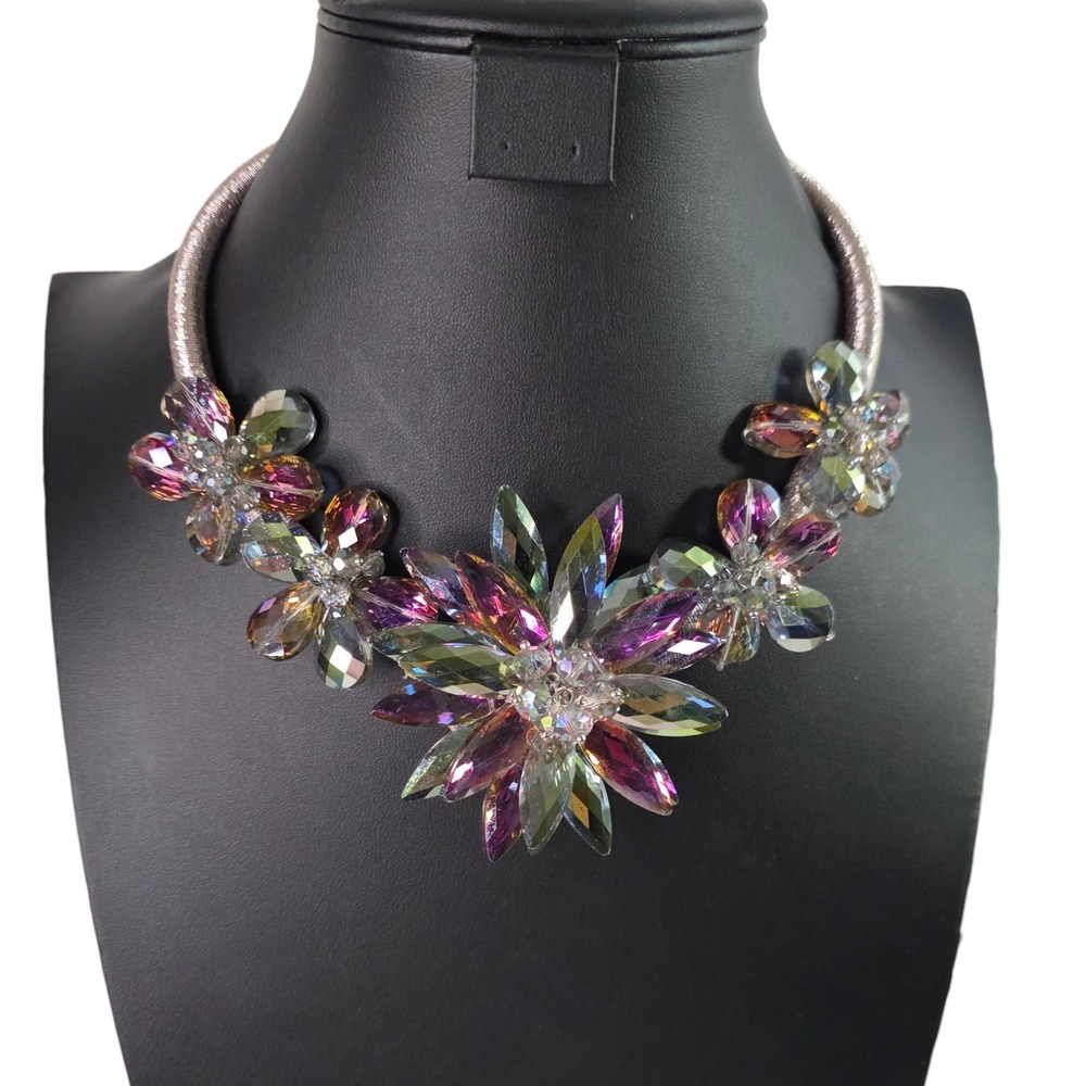 Gardenia AB Glass Flower Handmade Statement Bib Necklace Iridescent Glam Gala